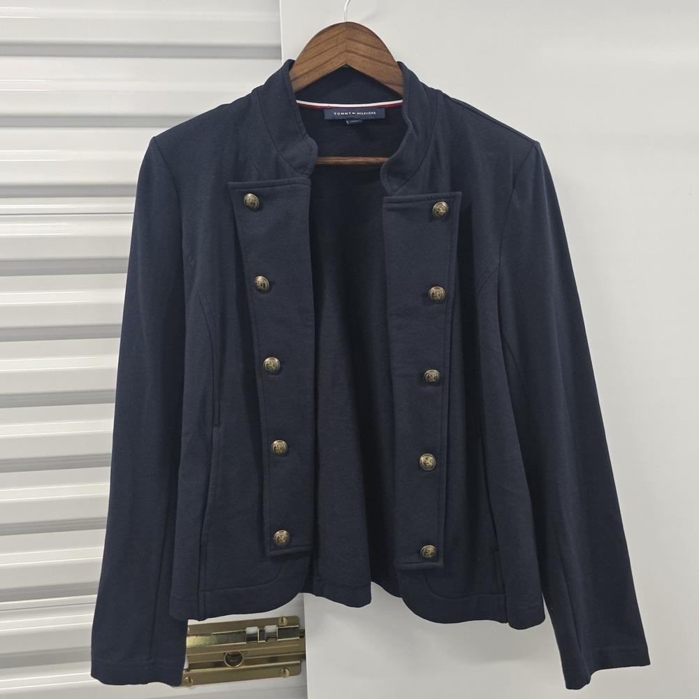 Tommy Hilfiger Jacket Womens Medium Navy Military Knit Blazer Gold Buttons